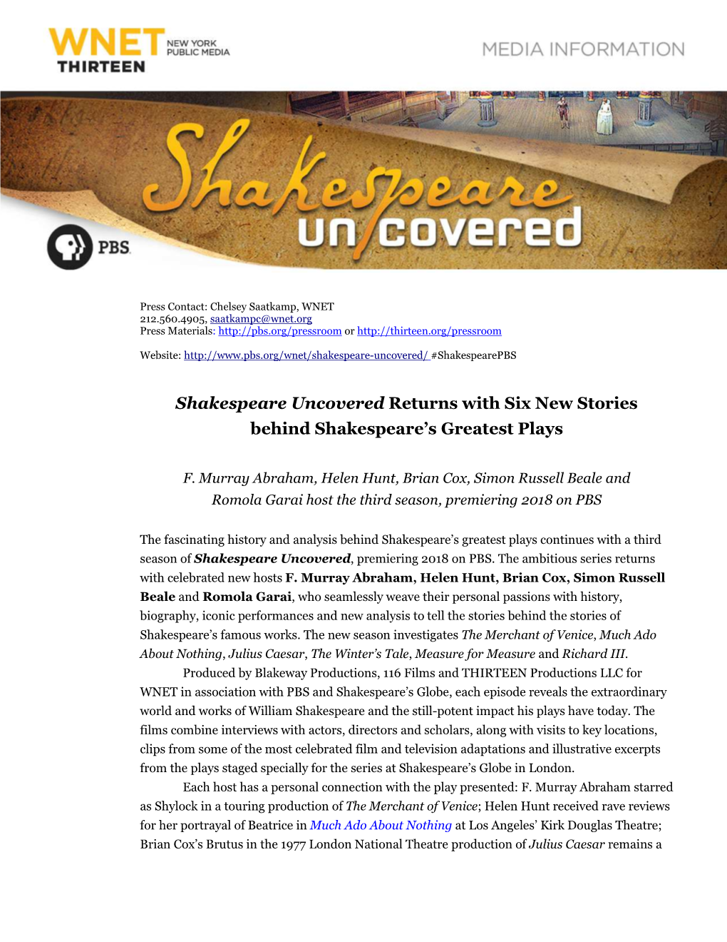 Shakespeare Uncovered S3 Press Release FINAL 12.14.17