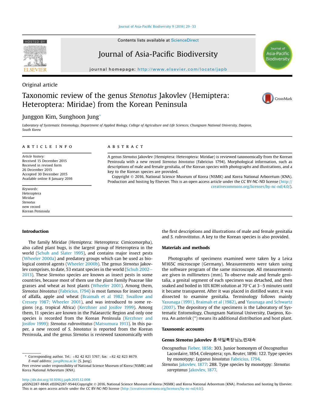 Taxonomic Review of the Genus Stenotus Jakovlev (Hemiptera: Heteroptera: Miridae) from the Korean Peninsula