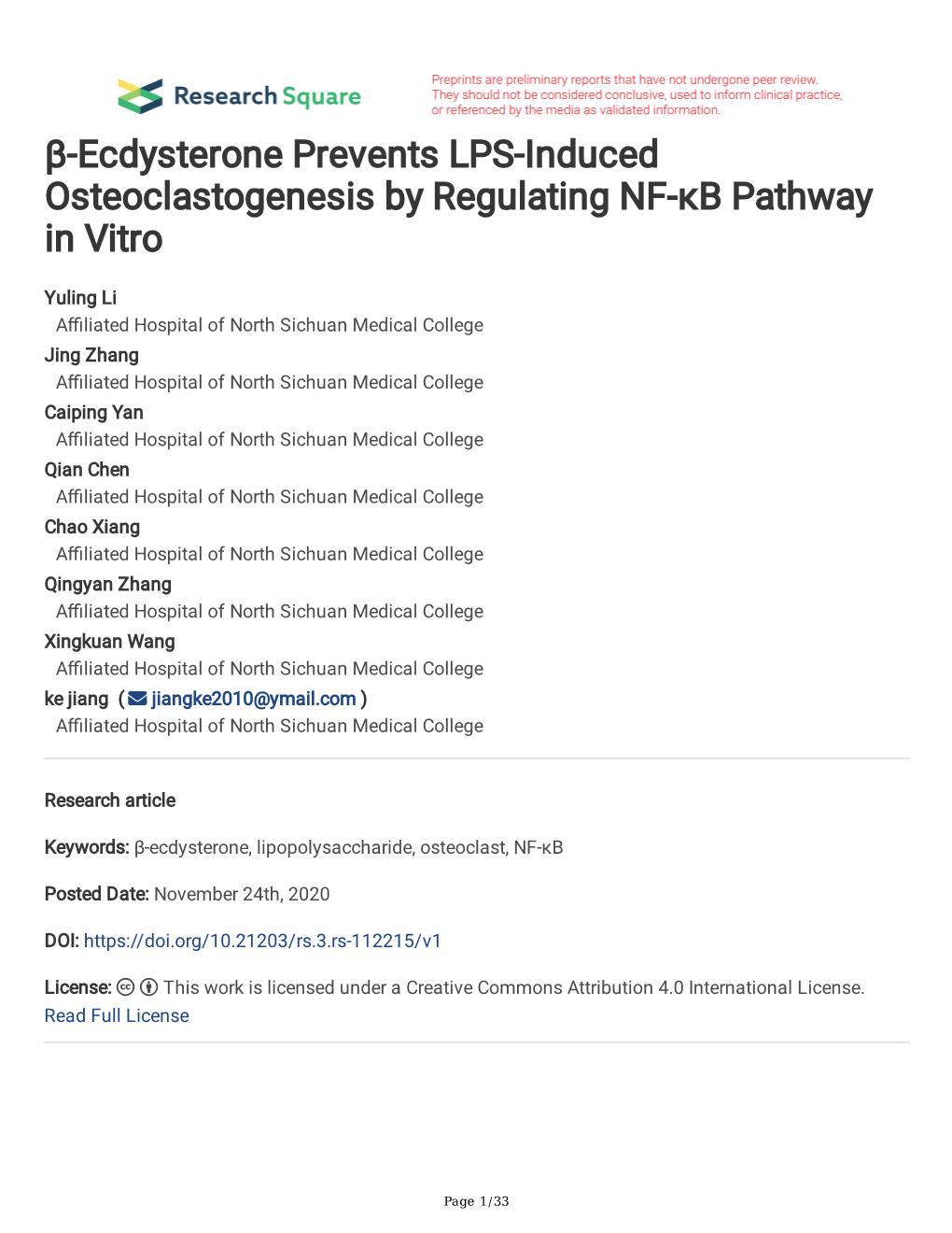 Β-Ecdysterone Prevents LPS-Induced Osteoclastogenesis by Regulating NF-Κb Pathway in Vitro