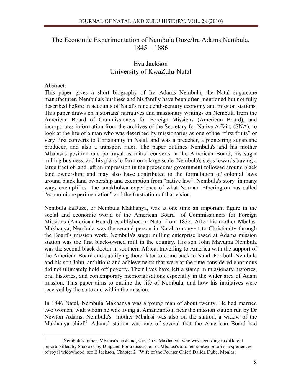 Journal of Natal and Zulu History, Vol. 28 (2010) 8 – 22