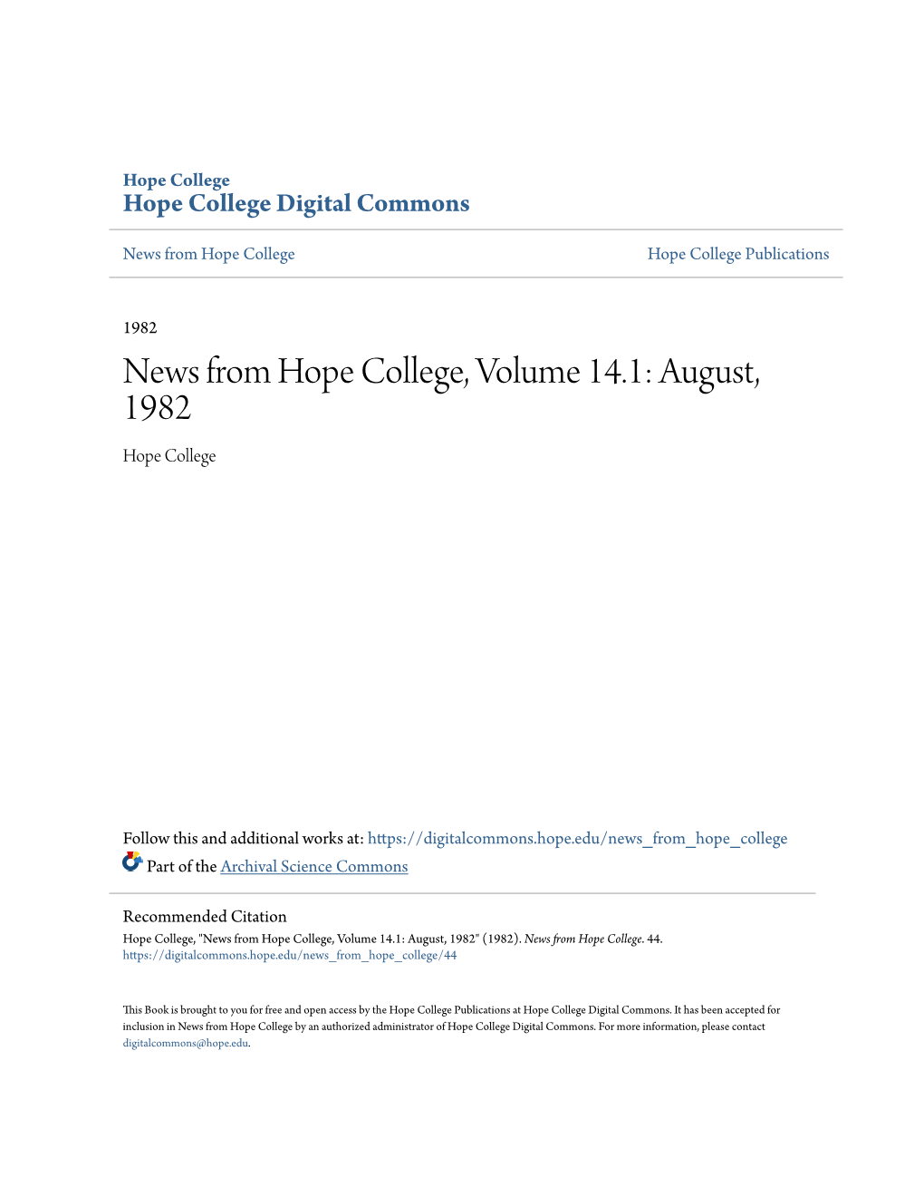 News from Hope College, Volume 14.1: August, 1982 Hope College