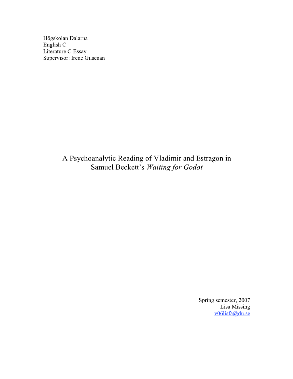 A Psychoanalytic Reading of Vladimir and Estragon in Samuel Beckett's