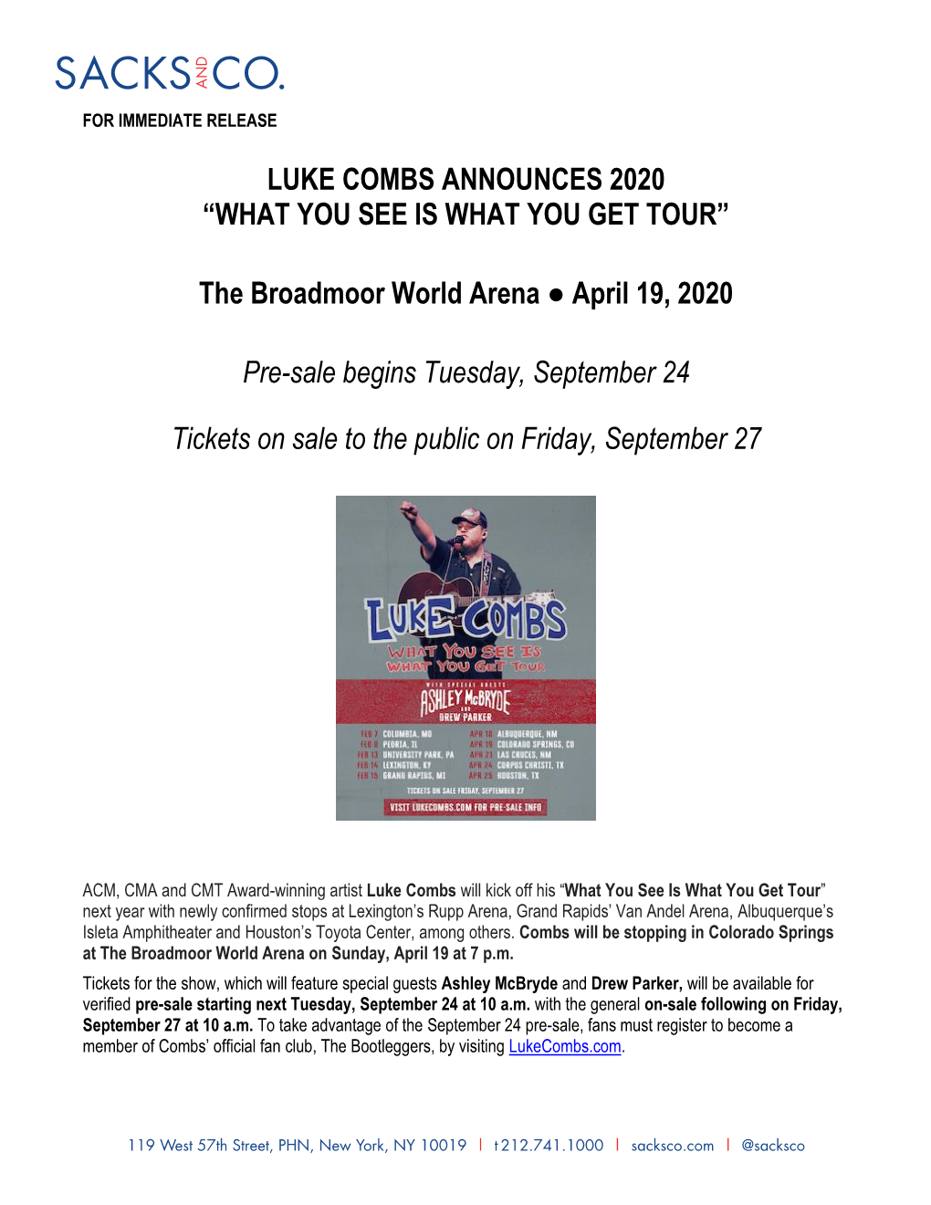 Luke Combs Announces 2020 “What You See Is What You Get Tour”