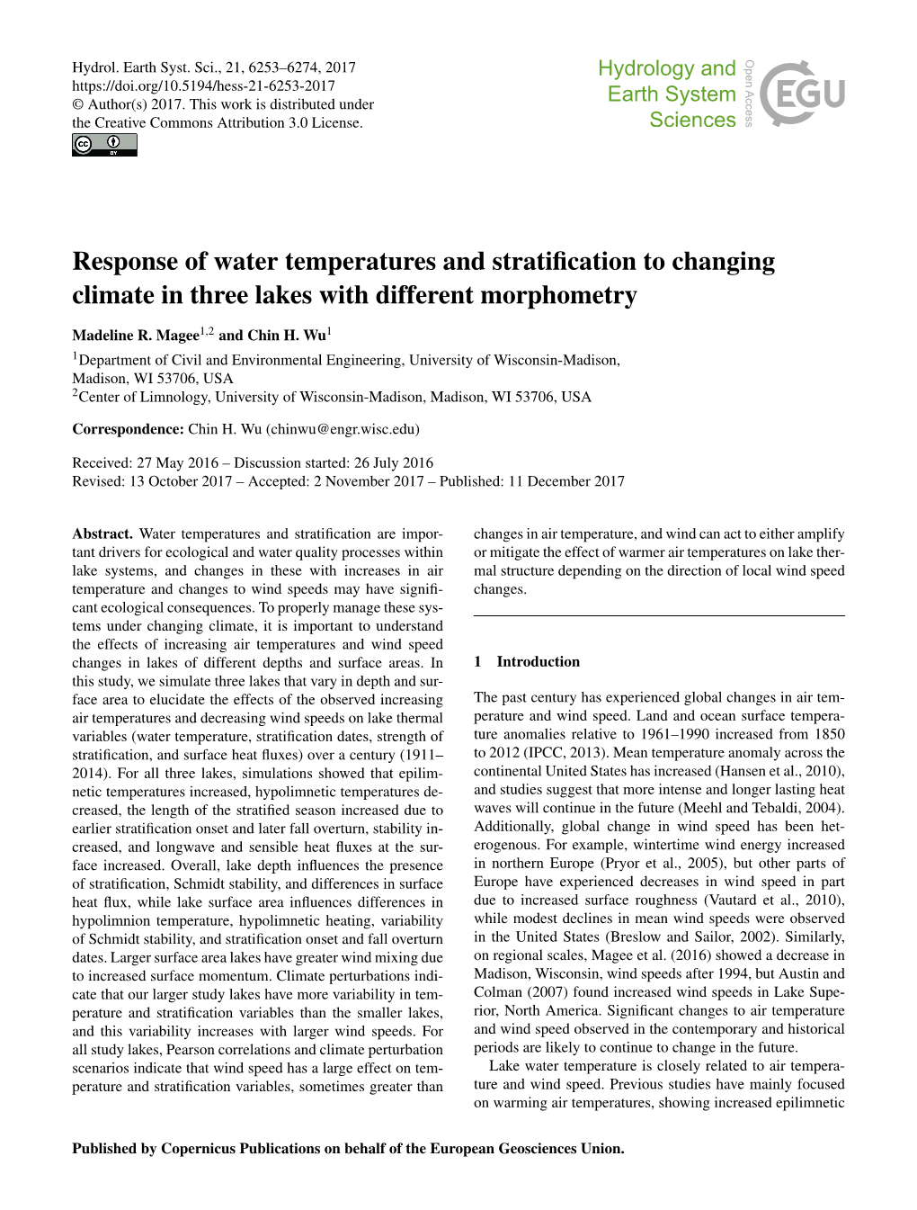 Response of Water Temperatures and Stratification to Changing Climate In