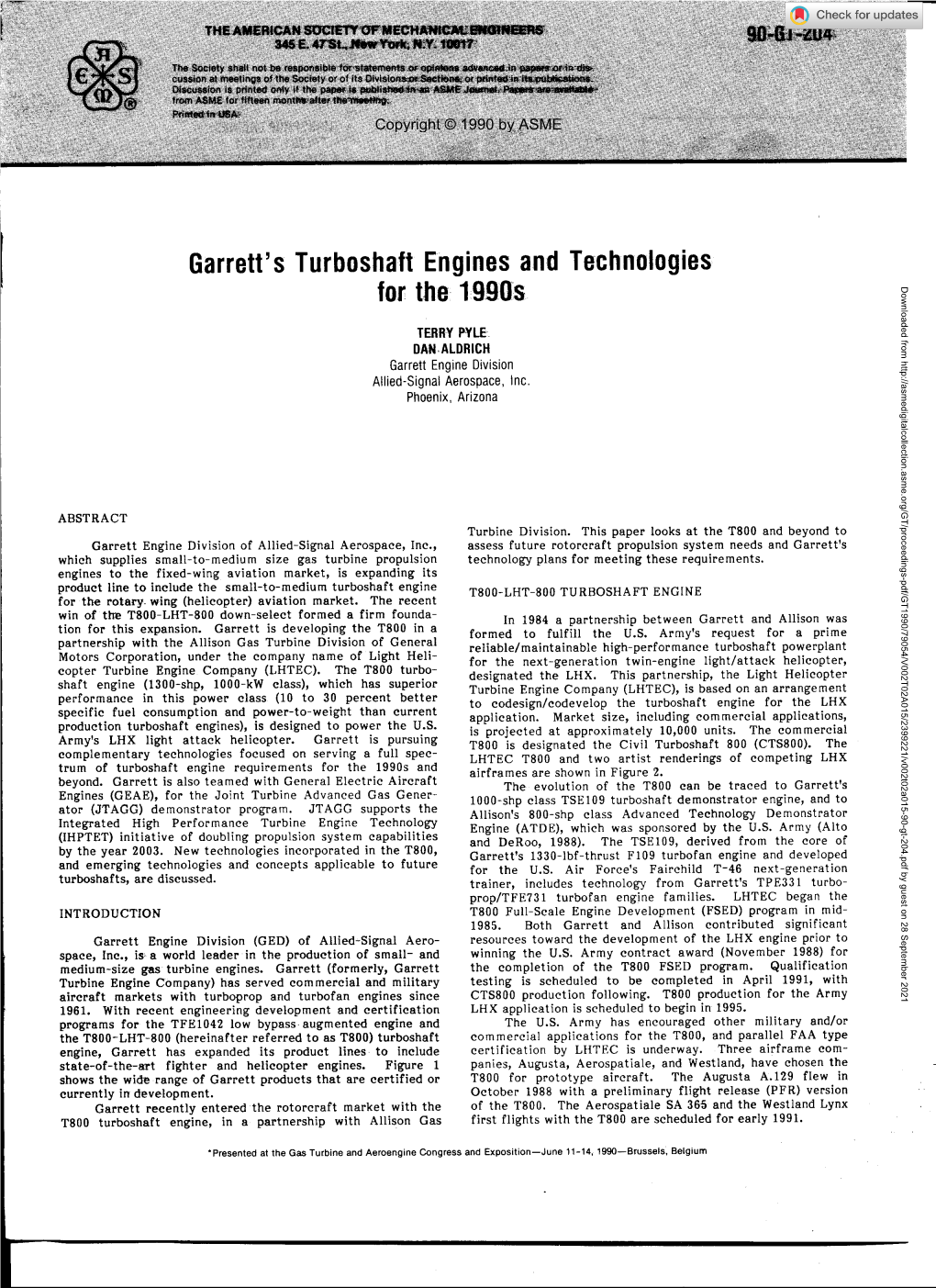 Garrett's Turboshaft Engines and Technologies for the 1990S^