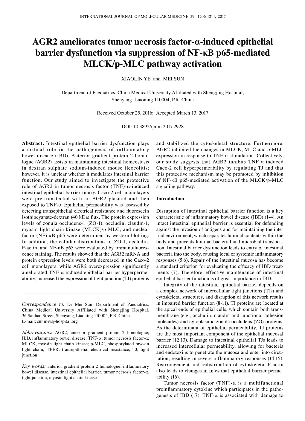 AGR2 Ameliorates Tumor Necrosis Factor-Α-Induced Epithelial Barrier Dysfunction Via Suppression of NF-Κb P65-Mediated MLCK/P-MLC Pathway Activation