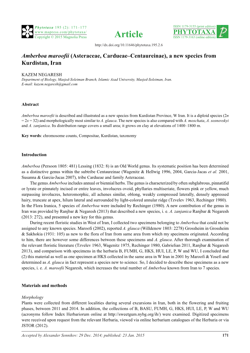 Amberboa Maroofii (Asteraceae, Cardueae–Centaureinae), a New Species from Kurdistan, Iran