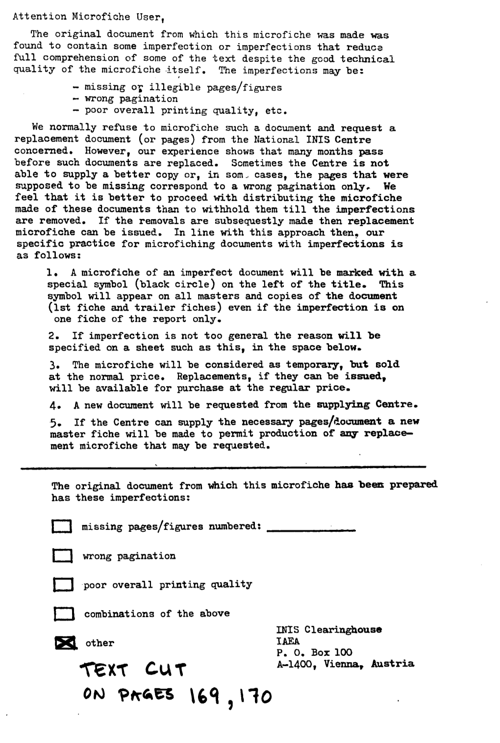 INIS Clearinghouse Other IAEA P. 0. Box 100 ^ I L F A-1400, Vienna, Austria