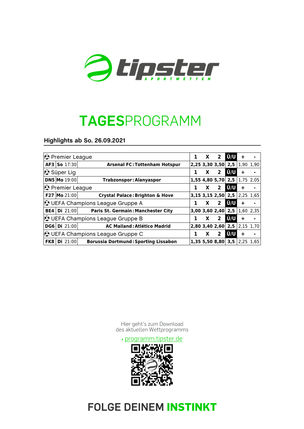 Tagesprogramm, Kurze Tabellen