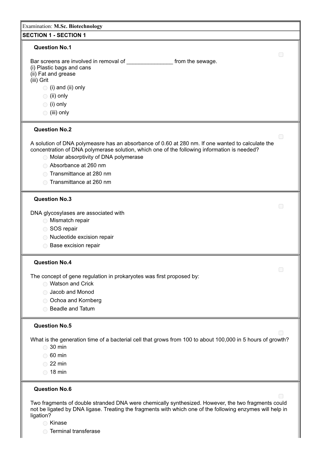 SECTION 1 Question No.1 Bar Screens Are Involved in Removal Of