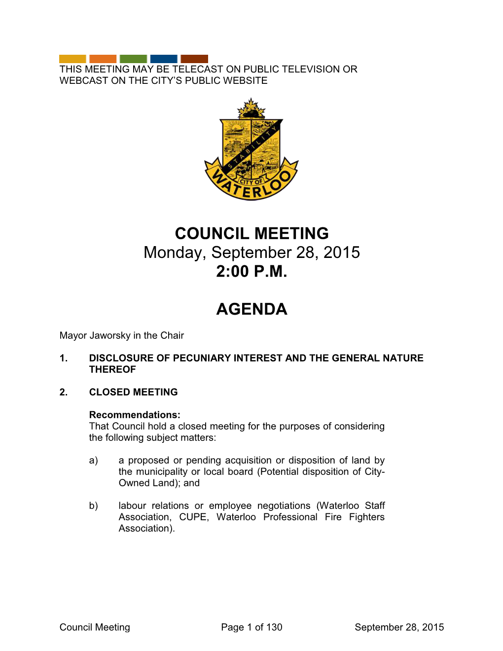 COUNCIL MEETING Monday, September 28, 2015 2:00 P.M