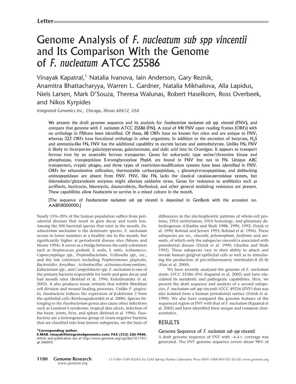 F. Nucleatum Sub Spp Vincentii and Its Comparison with the Genome of F