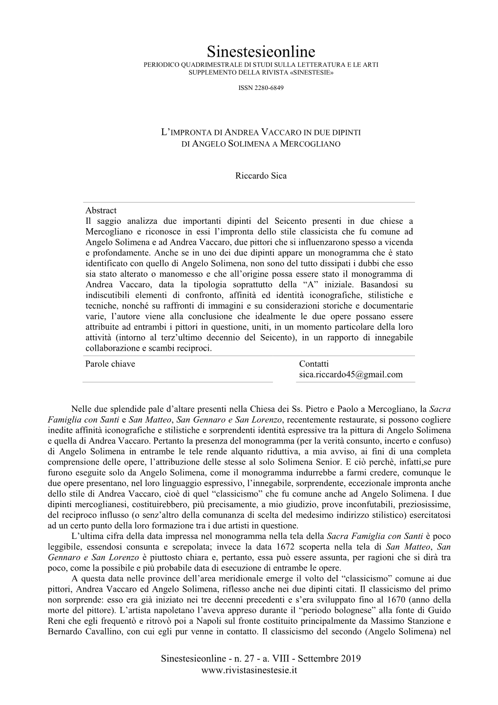 L'impronta Di Andrea Vaccaro in Due Dipinti Di Angelo Solimena A