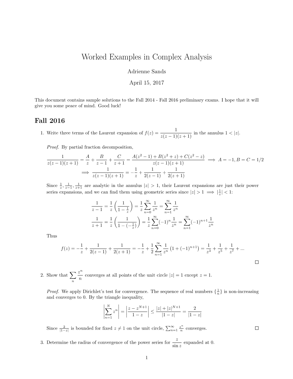 Worked Examples in Complex Analysis