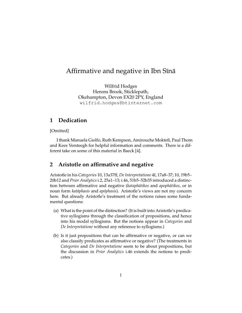 Affirmative and Negative in Ibn S¯In¯A