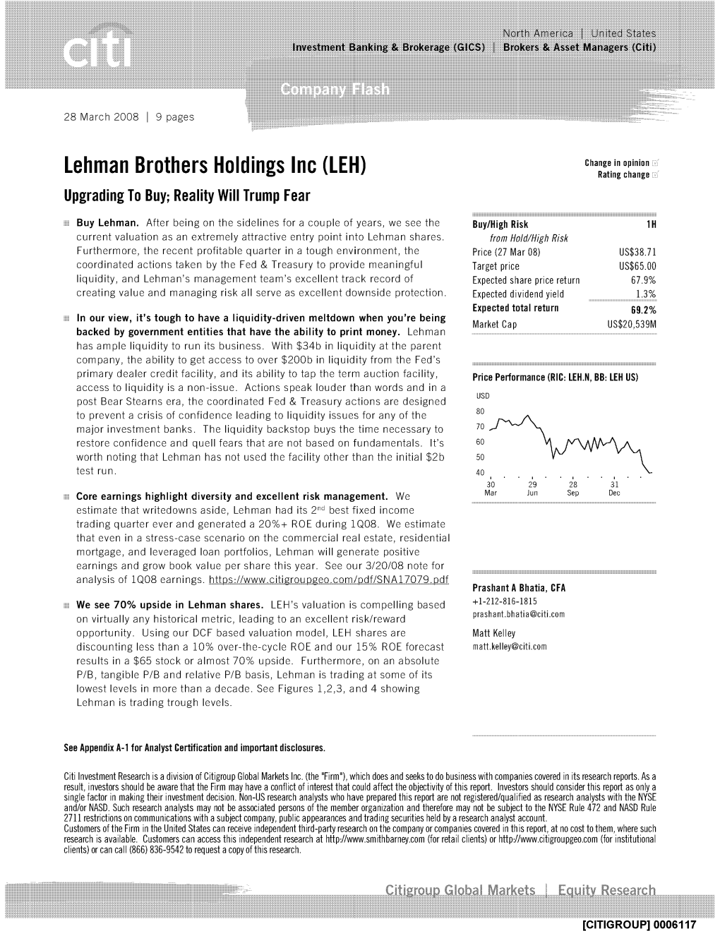 Lehman Brothers Holdings Inc (LEH) Rating Change Upgrading to Buy; Reality Will Trump Fear