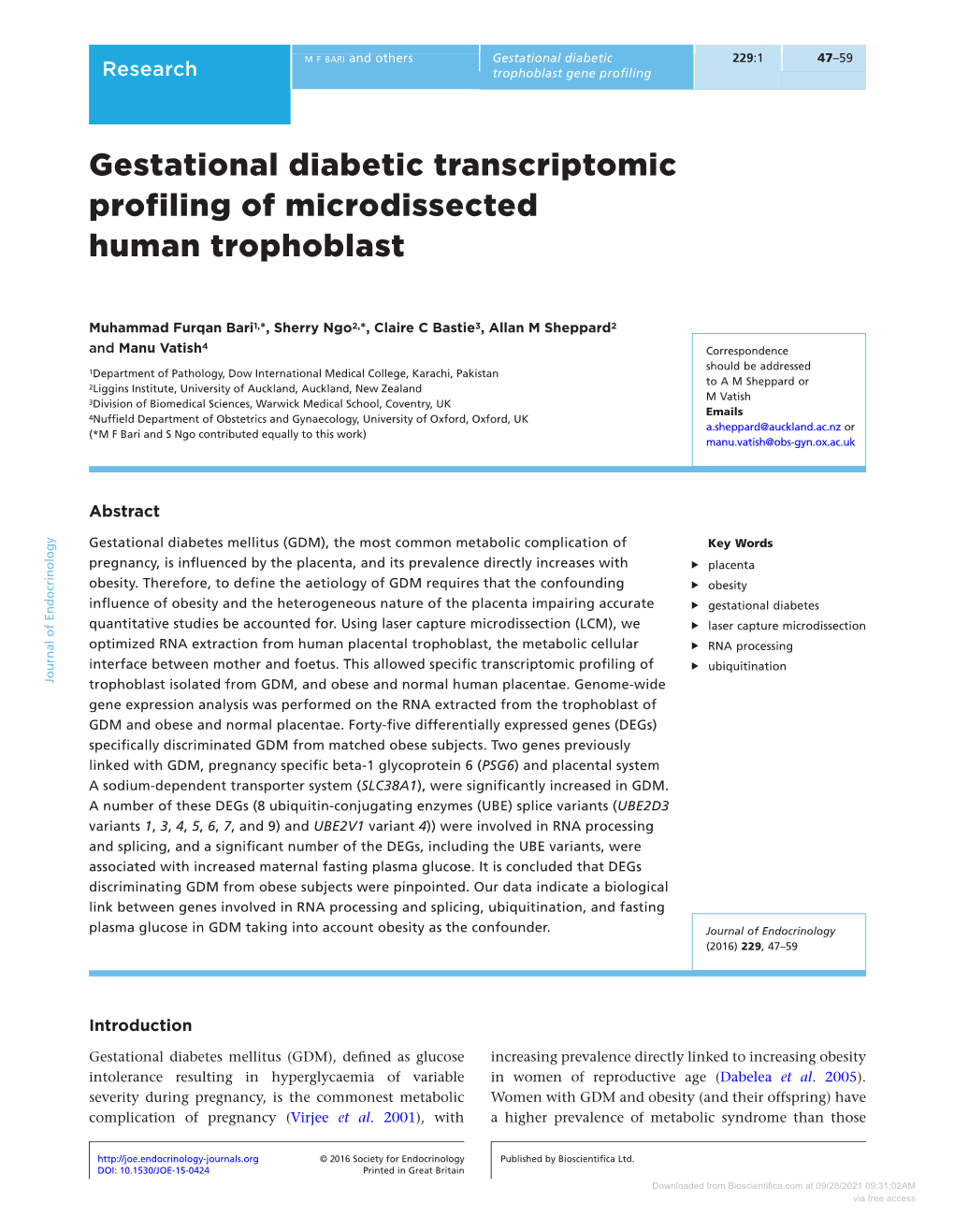 Gestational Diabetic Transcriptomic Profiling of Microdissected Human Trophoblast