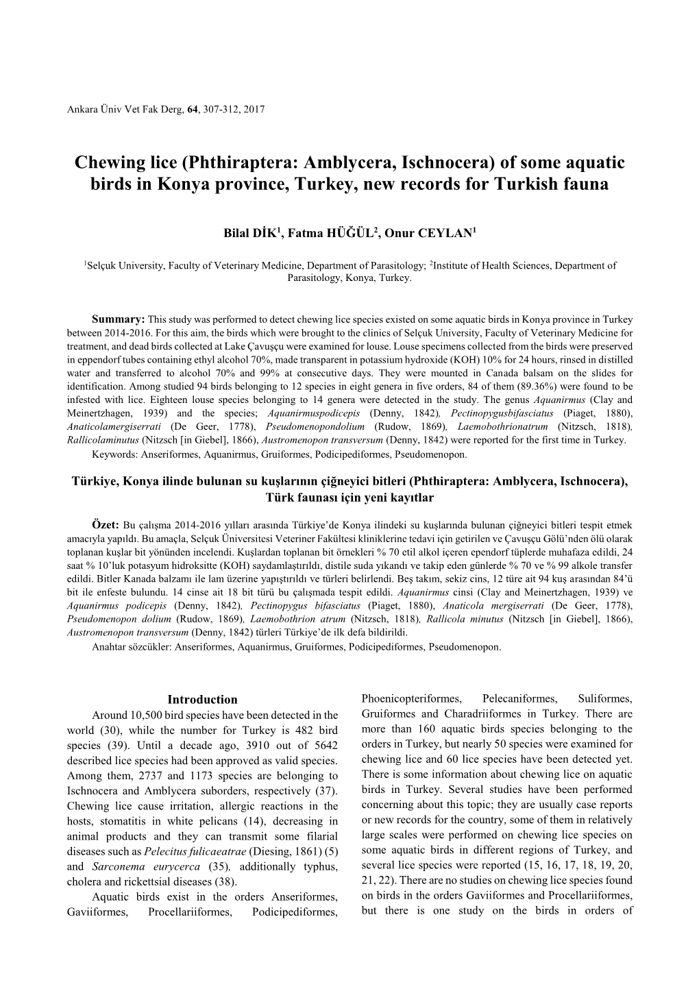 Chewing Lice (Phthiraptera: Amblycera, Ischnocera) of Some Aquatic Birds in Konya Province, Turkey, New Records for Turkish Fauna