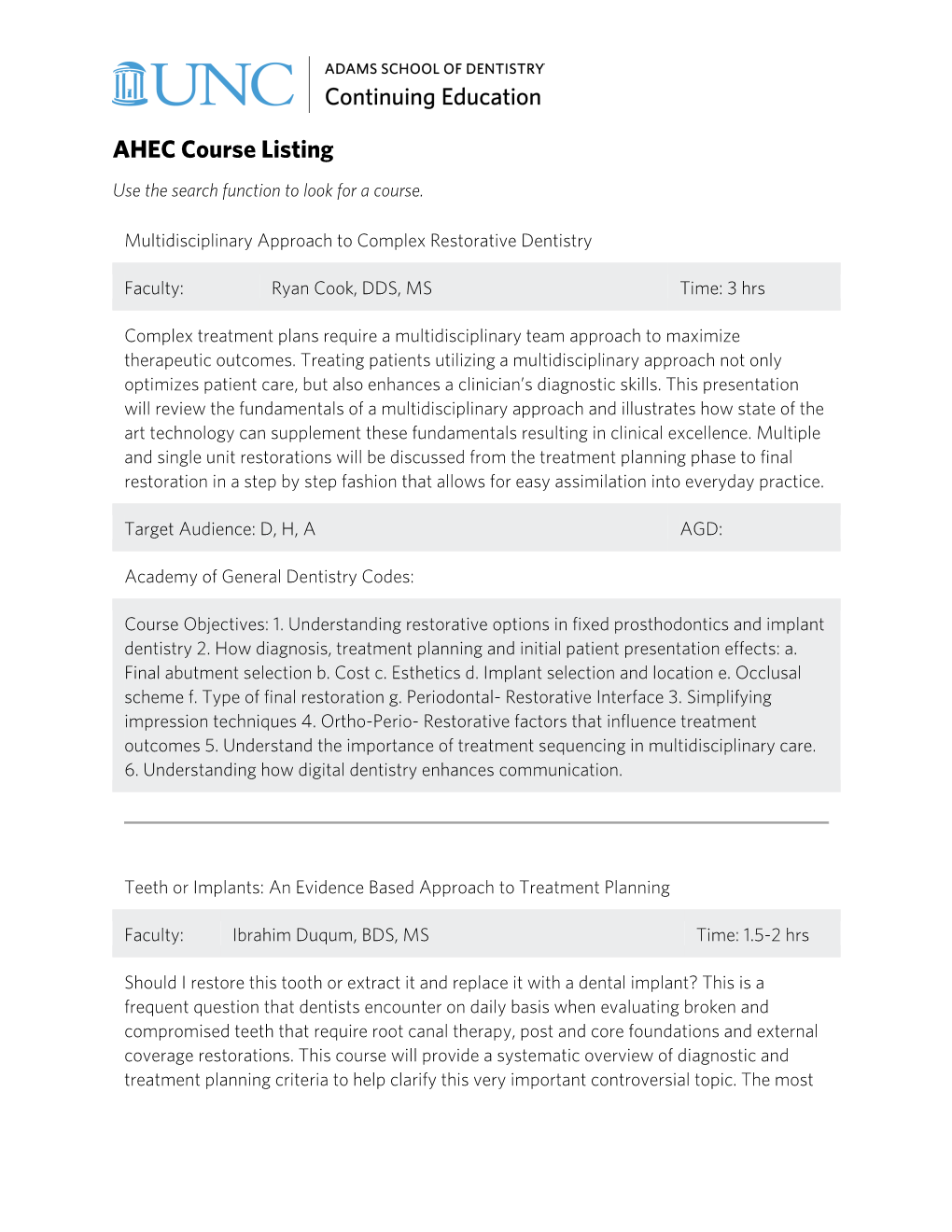 AHEC Course Listing Use the Search Function to Look for a Course