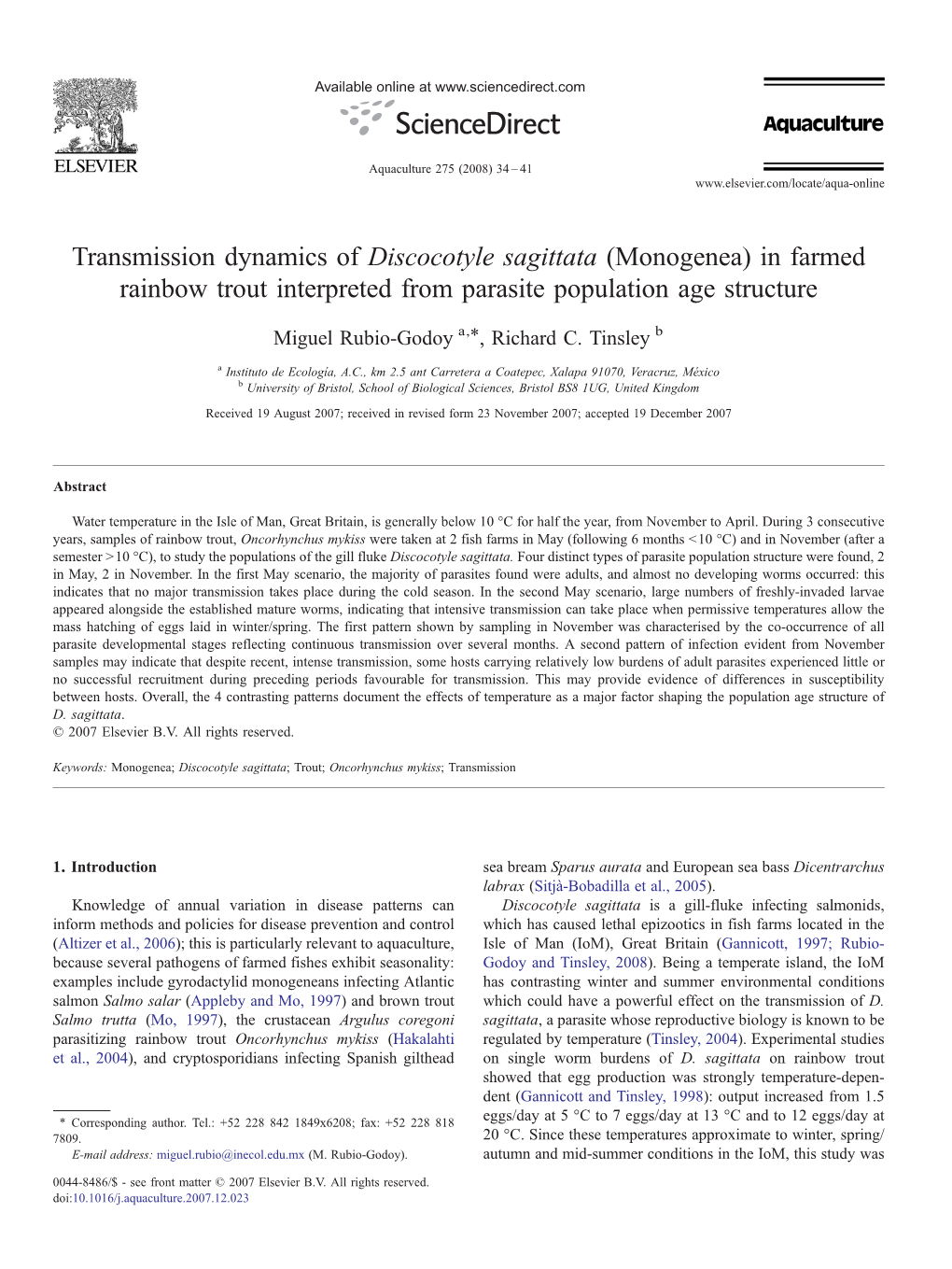 Transmission Dynamics of Discocotyle Sagittata (Monogenea) in Farmed Rainbow Trout Interpreted from Parasite Population Age Stru