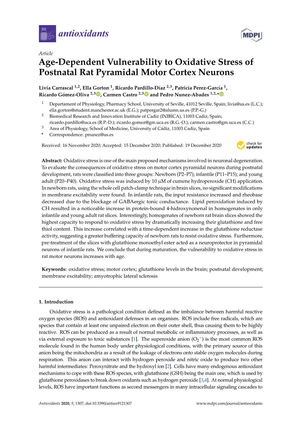 Age-Dependent Vulnerability to Oxidative Stress of Postnatal Rat Pyramidal Motor Cortex Neurons
