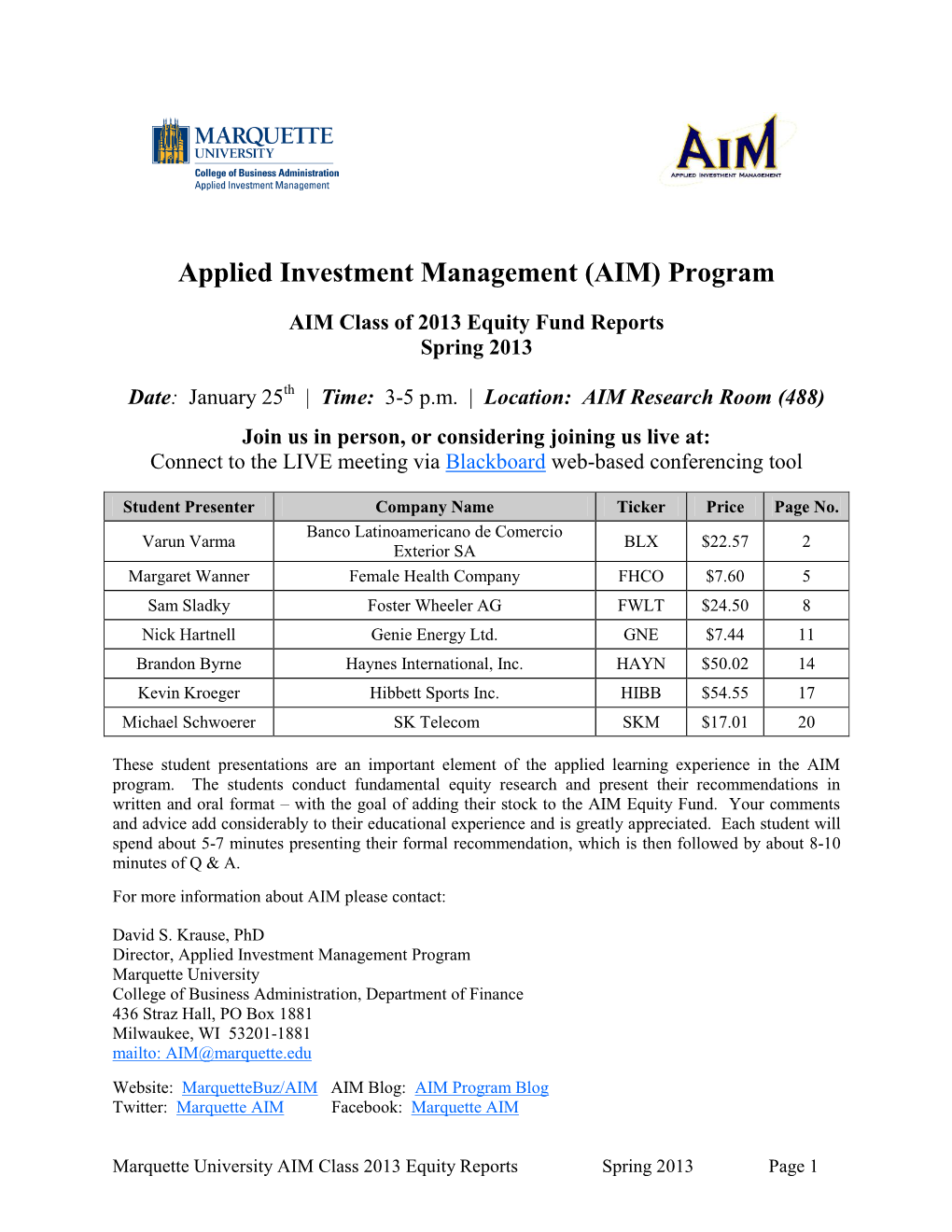 Applied Investment Management (AIM) Program