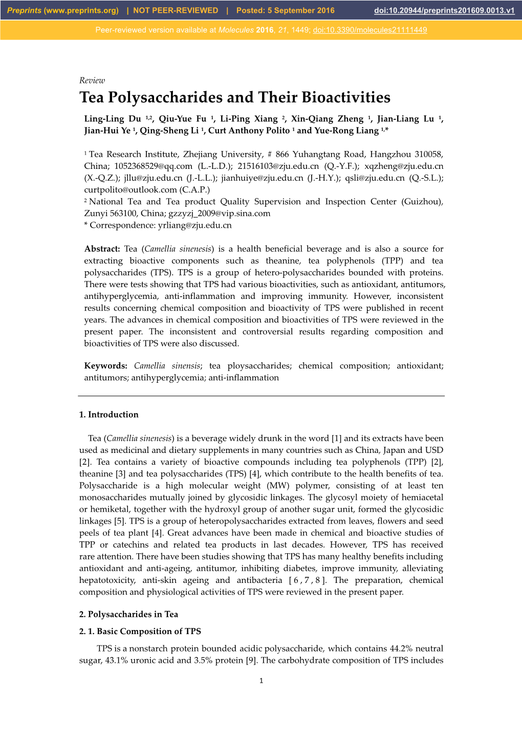 Tea Polysaccharides and Their Bioactivities