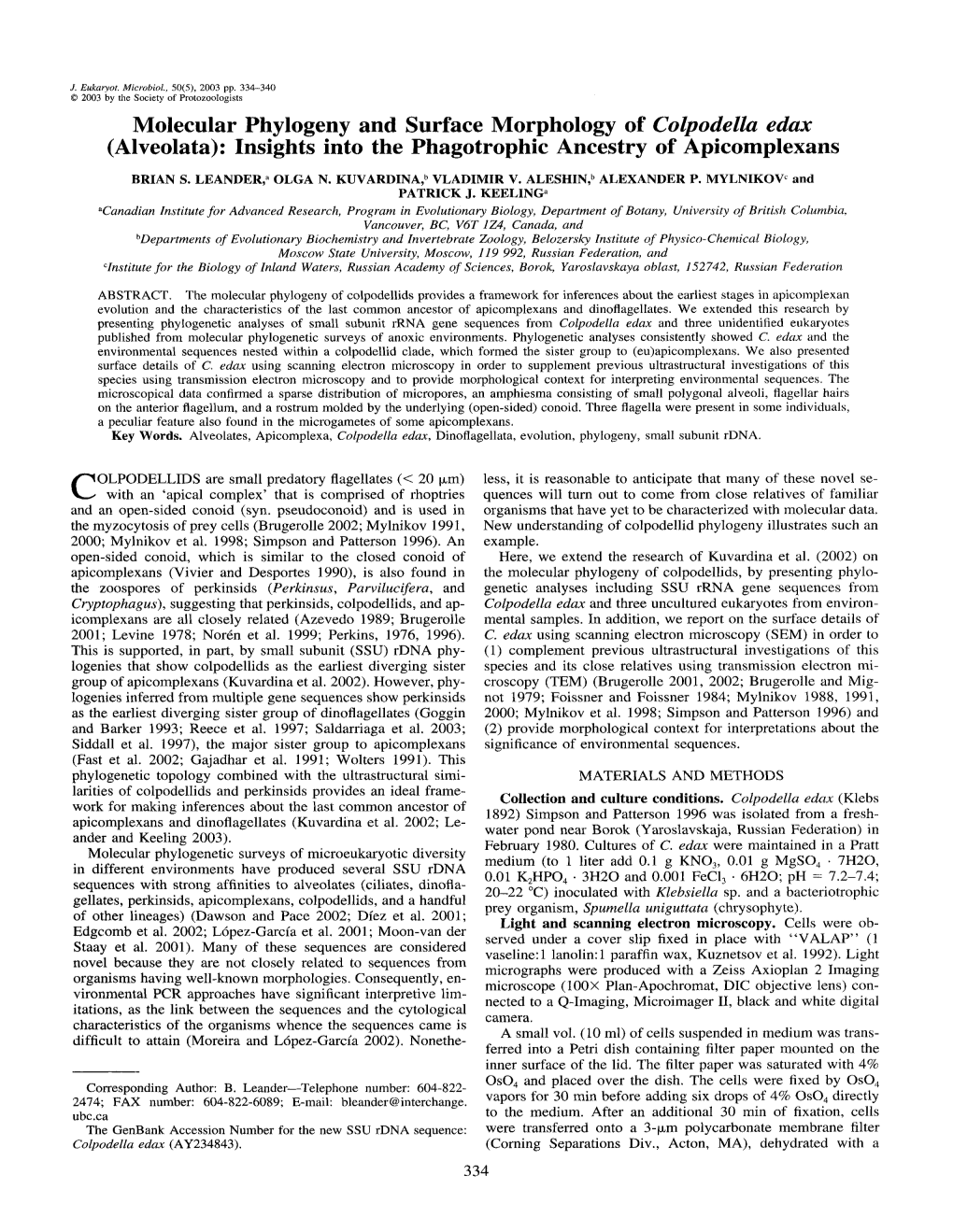 Molecular Phylogeny and Surface Morphology of Colpodella Edax (Alveolata): Insights Into the Phagotrophic Ancestry of Apicomplexans