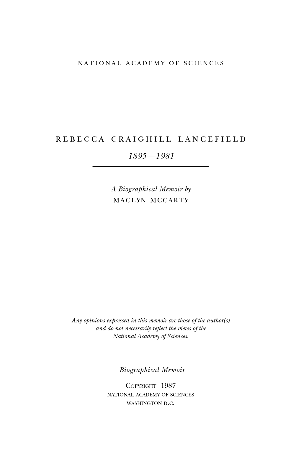 Biography of Rebecca Craighill Lancefield