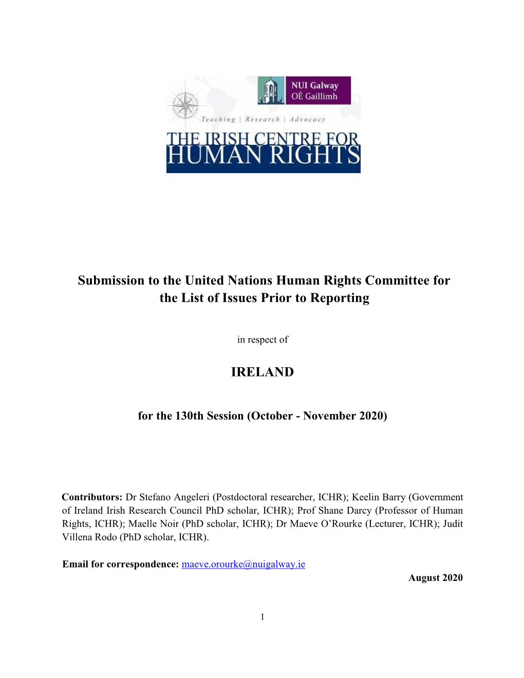 Submission to the United Nations Human Rights Committee for the List of Issues Prior to Reporting IRELAND