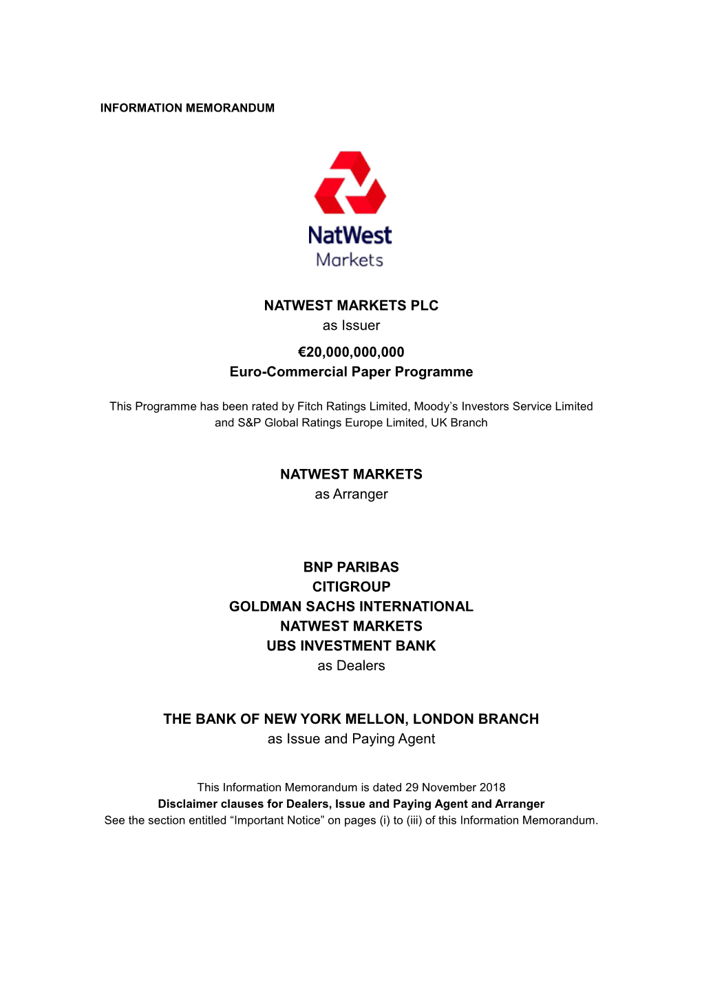 NATWEST MARKETS PLC As Issuer €20,000,000,000 Euro-Commercial Paper Programme