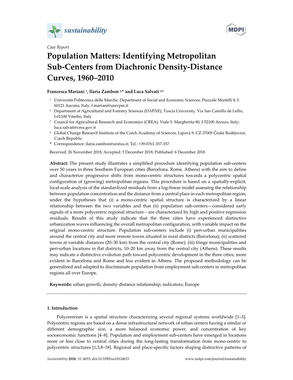 Identifying Metropolitan Sub-Centers from Diachronic Density-Distance Curves, 1960–2010