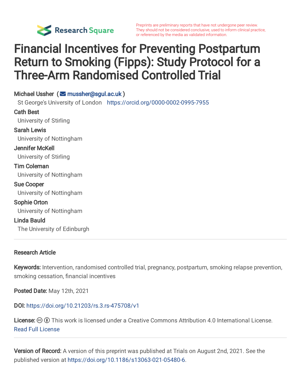 Financial Incentives for Preventing Postpartum Return to Smoking (Fipps): Study Protocol for a Three-Arm Randomised Controlled Trial