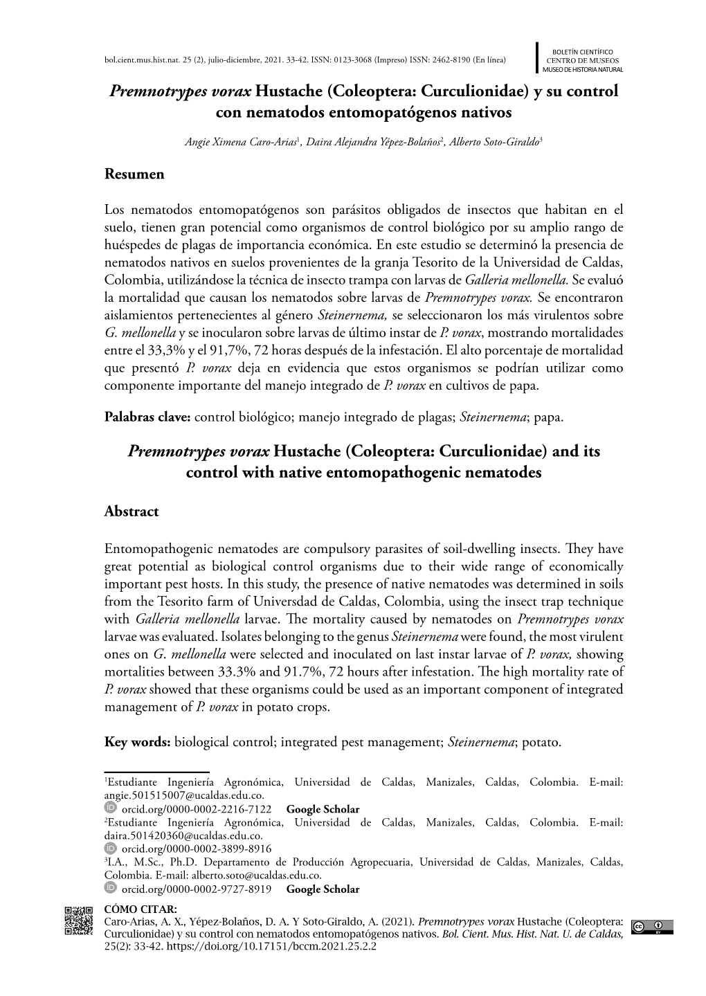 Premnotrypes Vorax Hustache (Coleoptera: Curculionidae) Y Su Control Con Nematodos Entomopatógenos Nativos