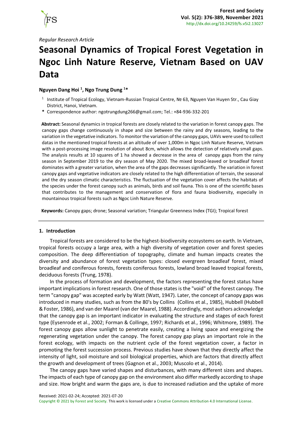 Seasonal Dynamics of Tropical Forest Vegetation in Ngoc Linh Nature Reserve, Vietnam Based on UAV Data