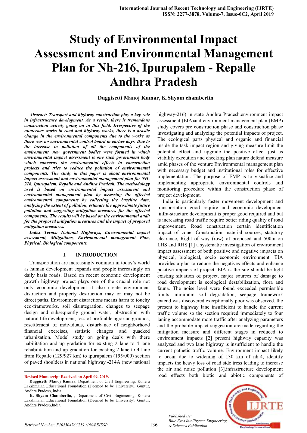 Study of Environmental Impact Assessment and Environmental Management Plan for Nh-216, Ipurupalem - Repalle Andhra Pradesh