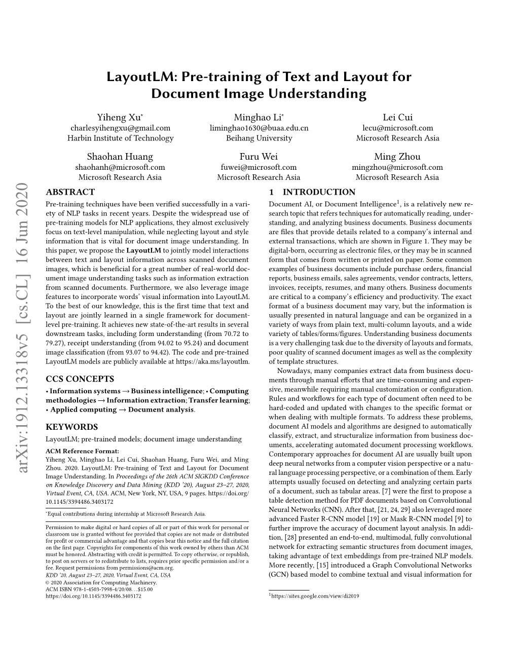 Pre-Training of Text and Layout for Document Image Understanding