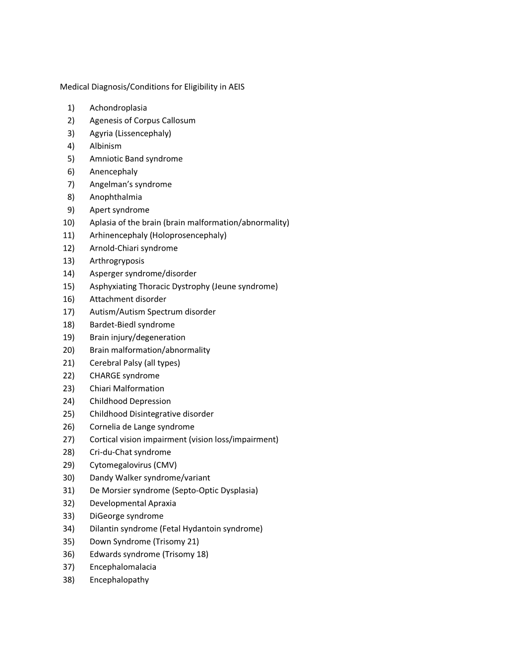 Medical Diagnosis/Conditions for Eligibility in AEIS