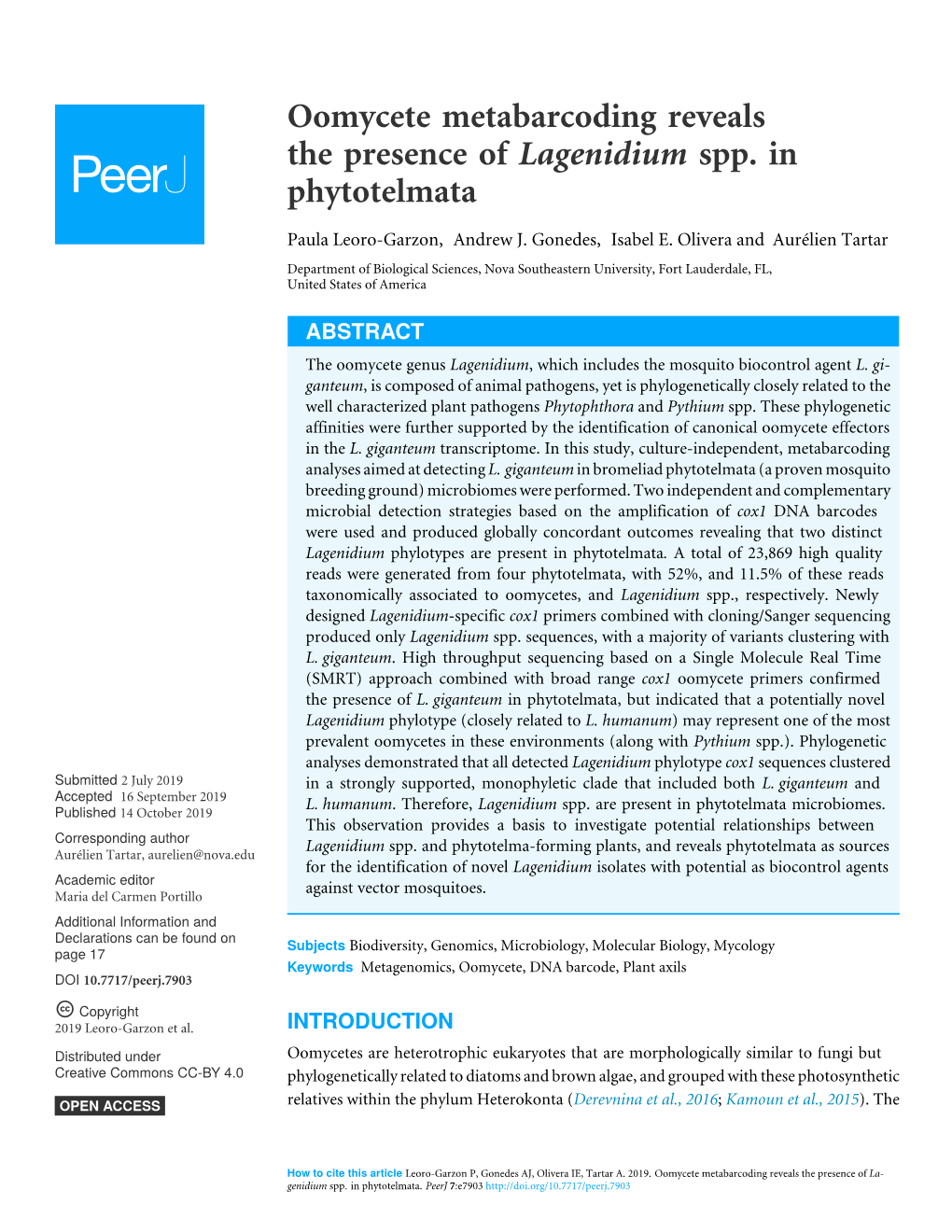 Oomycete Metabarcoding Reveals the Presence of Lagenidium Spp. in Phytotelmata
