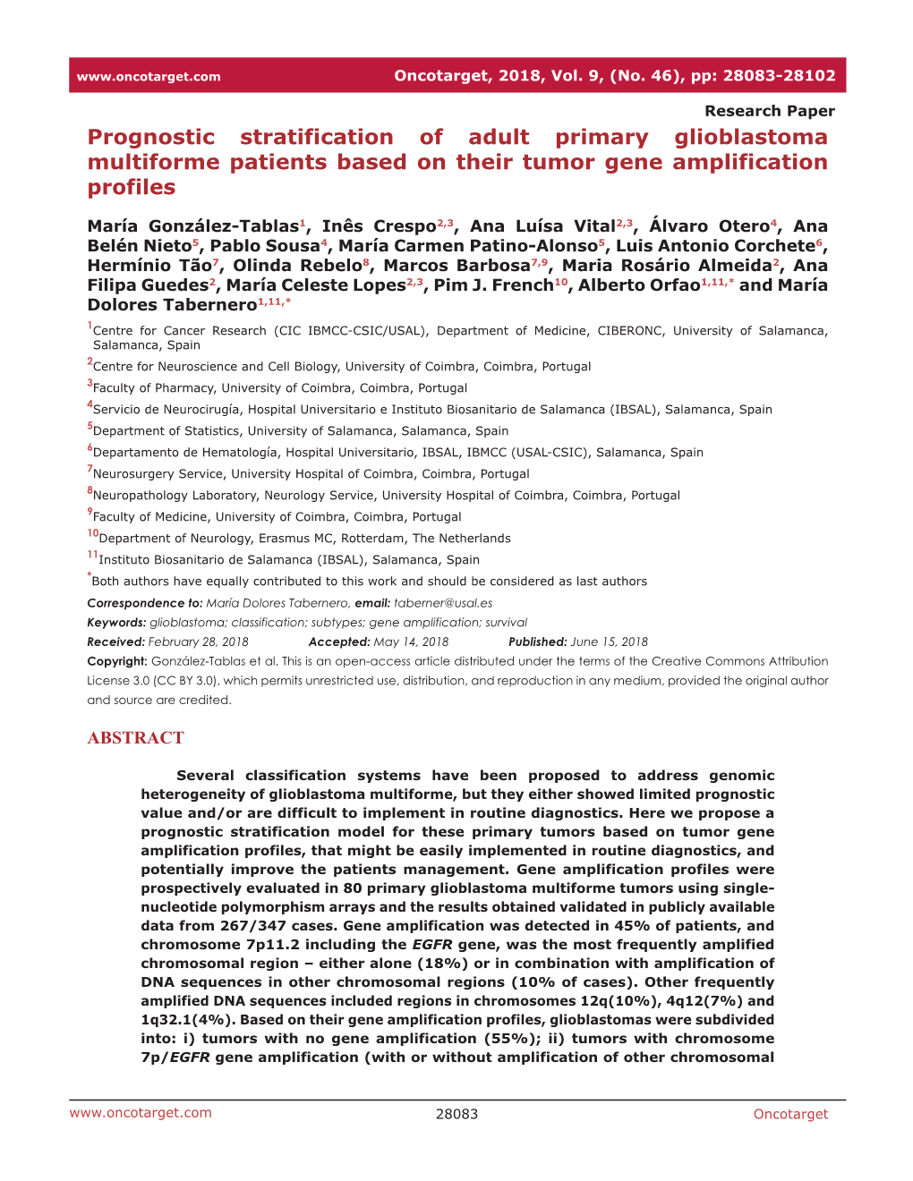 Prognostic Stratification of Adult Primary Glioblastoma Multiforme Patients Based on Their Tumor Gene Amplification Profiles