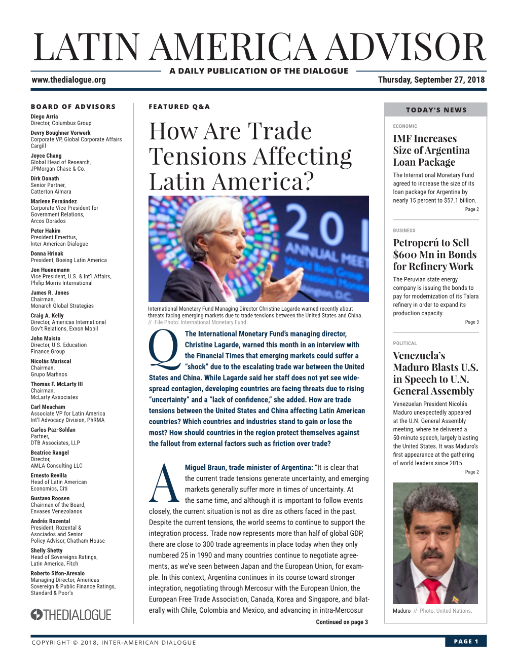 LATIN AMERICA ADVISOR a DAILY PUBLICATION of the DIALOGUE Thursday, September 27, 2018