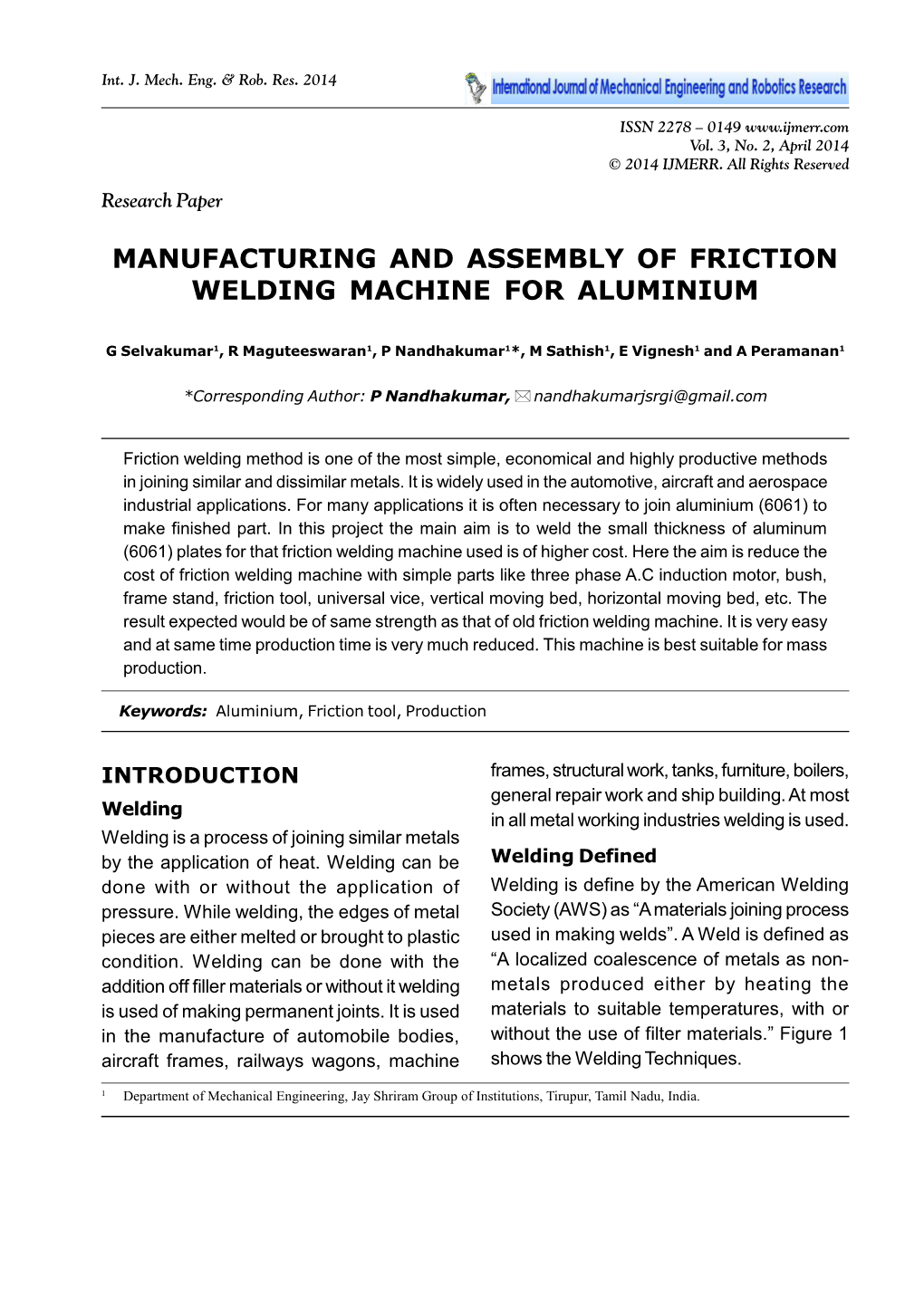 Manufacturing and Assembly of Friction Welding Machine for Aluminium