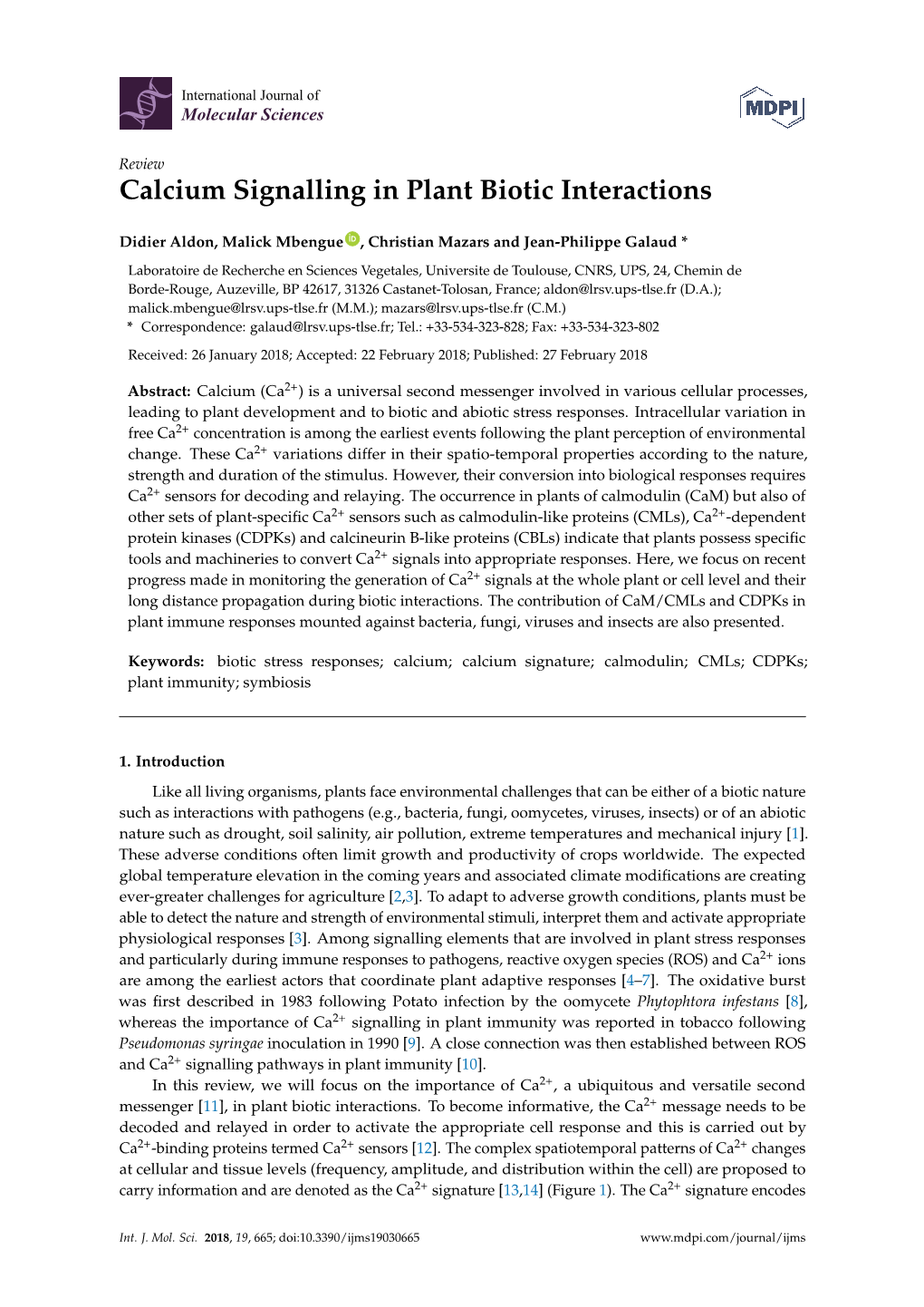 Calcium Signalling in Plant Biotic Interactions