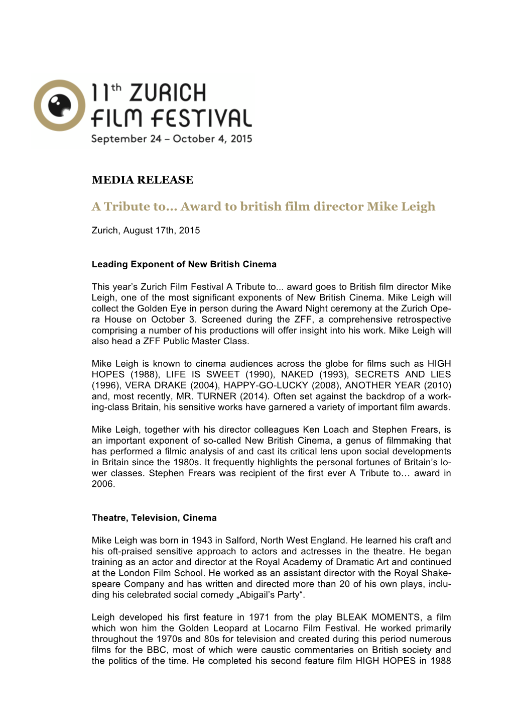 A Tribute To... Award to British Film Director Mike Leigh