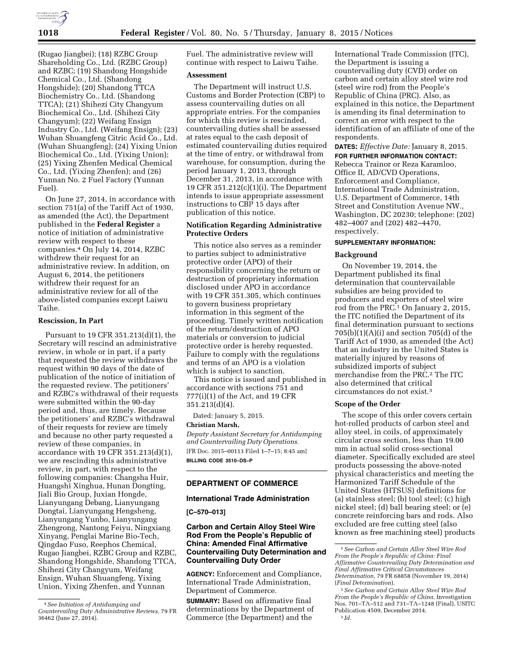 Federal Register/Vol. 80, No. 5/Thursday, January 8, 2015/Notices