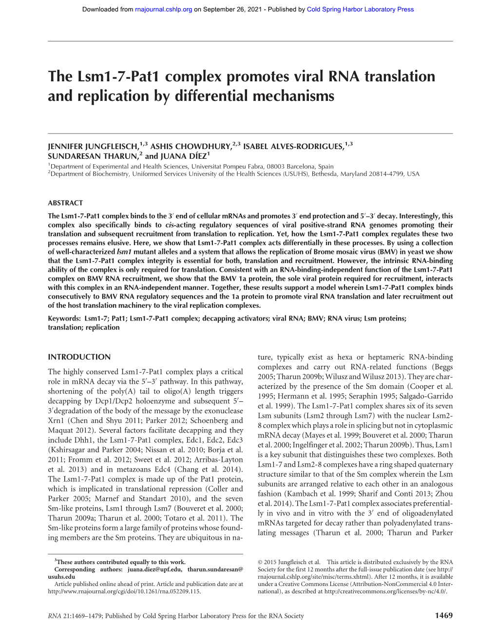 The Lsm1-7-Pat1 Complex Promotes Viral RNA Translation and Replication by Differential Mechanisms