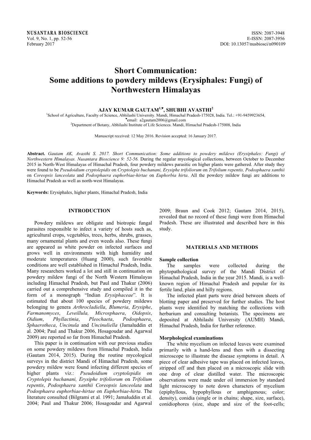 Some Additions to Powdery Mildews (Erysiphales: Fungi) of Northwestern Himalayas