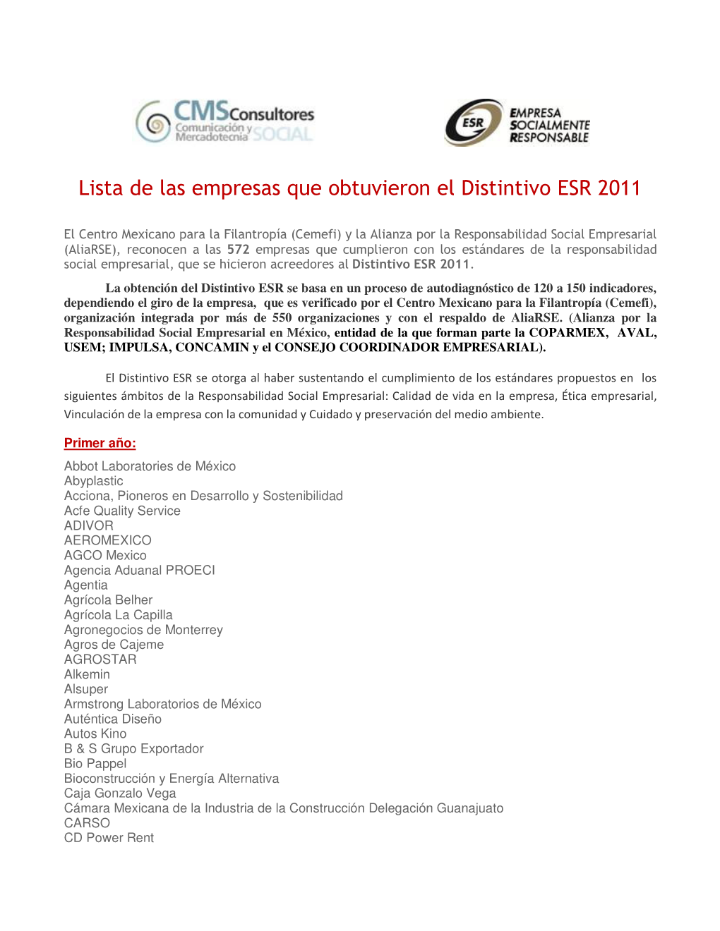 Lista De Las Empresas Que Obtuvieron El Distintivo ESR 2011