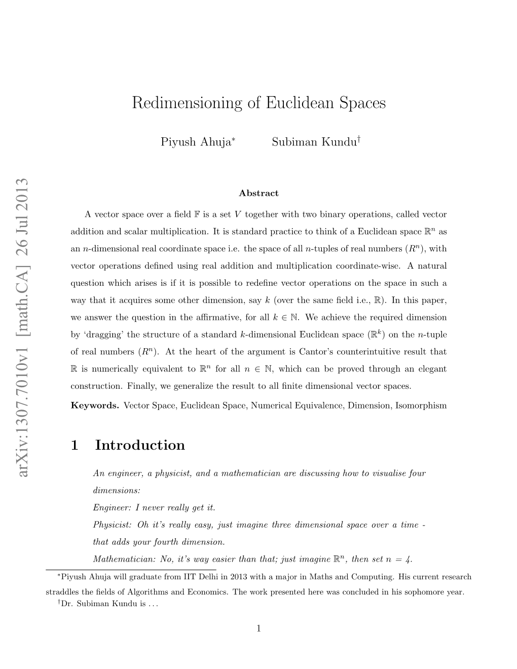 Redimensioning of Euclidean Spaces Arxiv:1307.7010V1 [Math.CA] 26 Jul