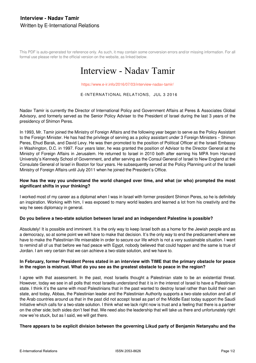 Nadav Tamir Written by E-International Relations